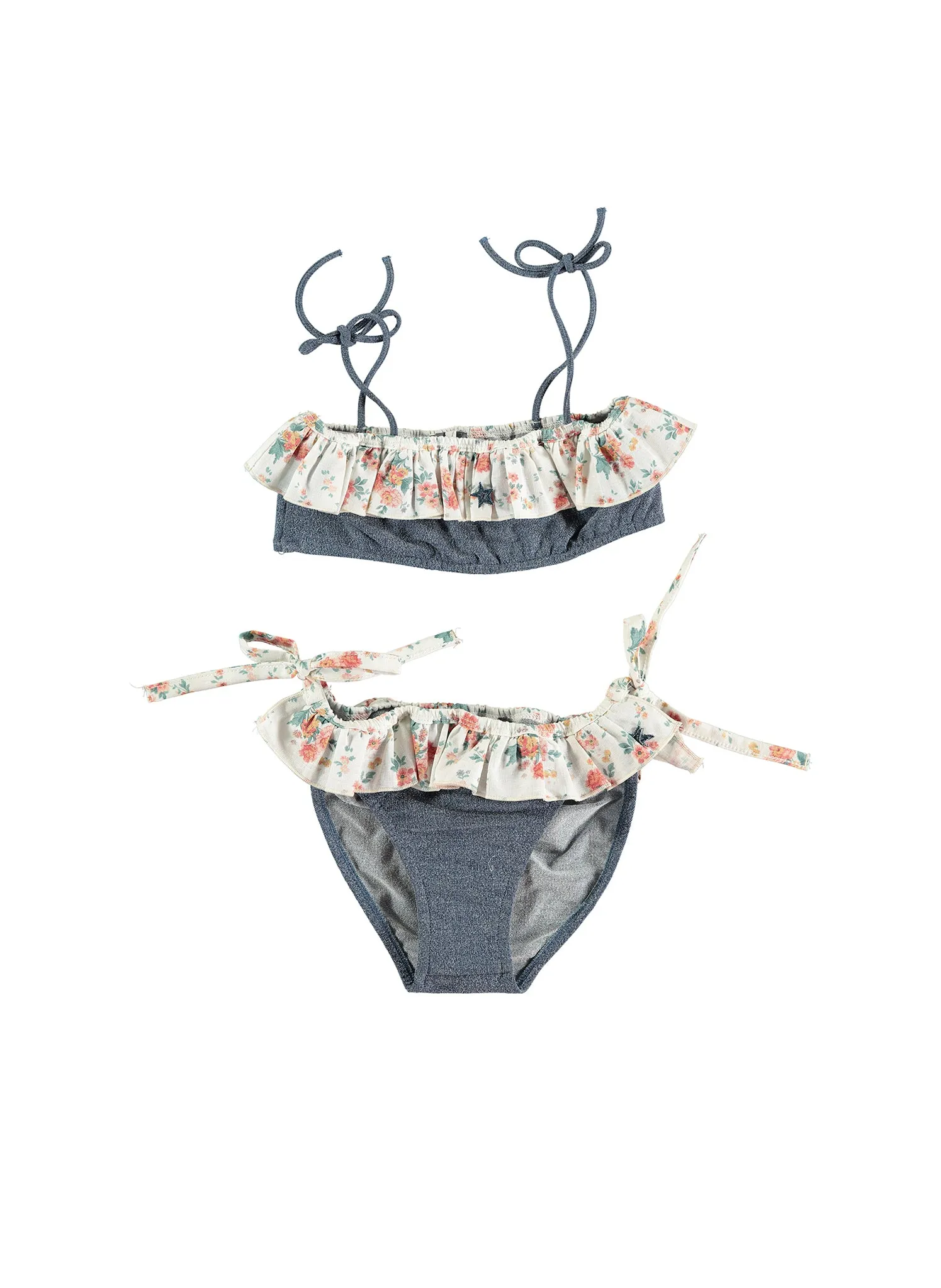 tocoto vintage Denim Bikini Set with Flower Flounces in Blue