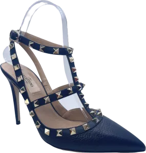 Valentino Garavani Navy Blue Rockstud Grainy Calfskin Ankle Strap Pump 100 Mm UK 4 EU 37 👠