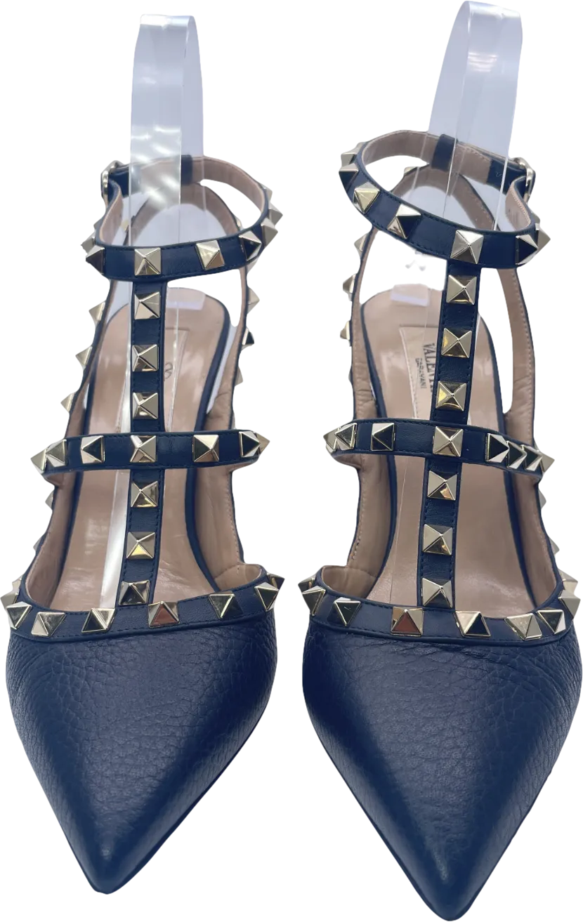 Valentino Garavani Navy Blue Rockstud Grainy Calfskin Ankle Strap Pump 100 Mm UK 4 EU 37 👠