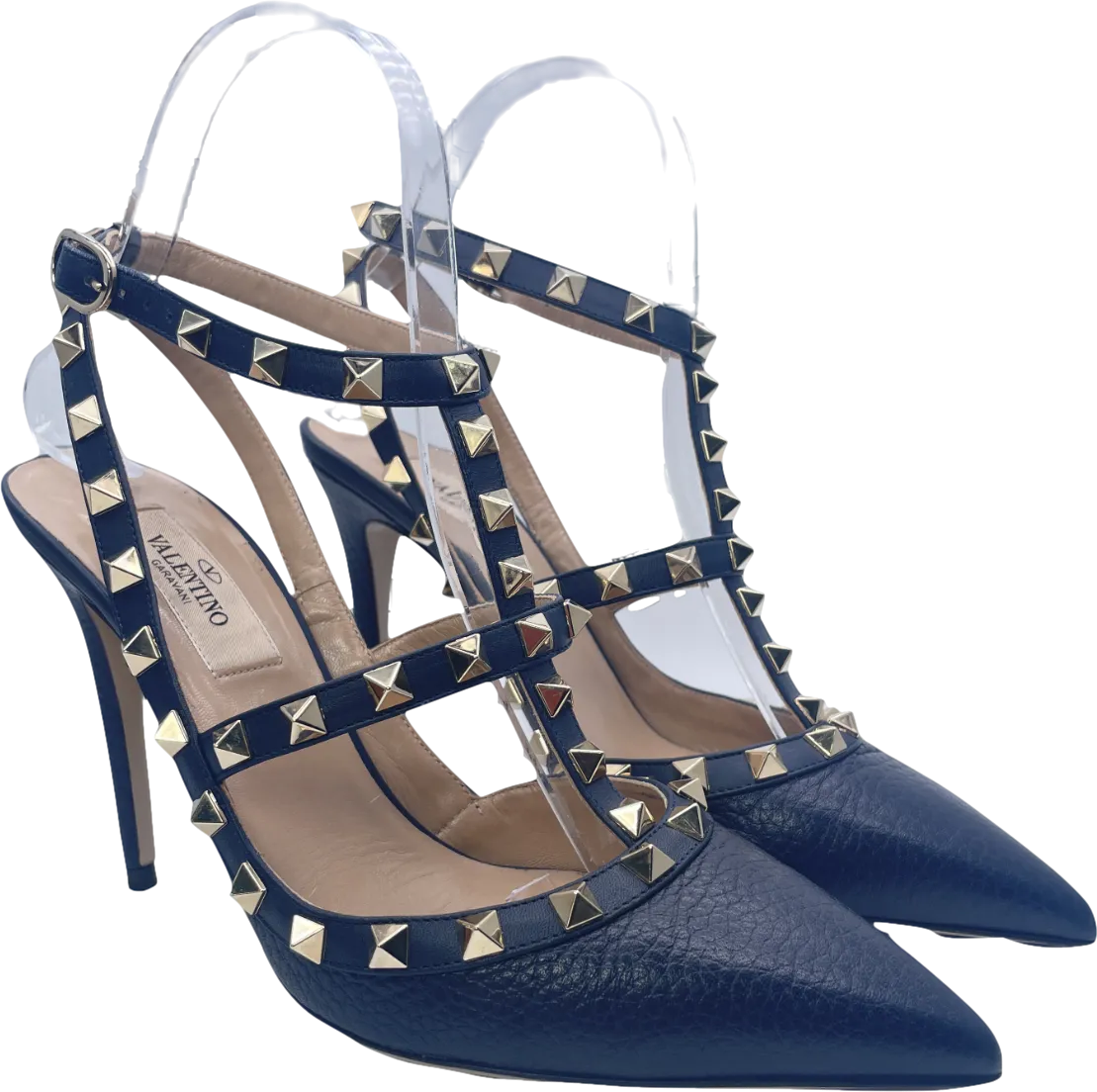 Valentino Garavani Navy Blue Rockstud Grainy Calfskin Ankle Strap Pump 100 Mm UK 4 EU 37 👠