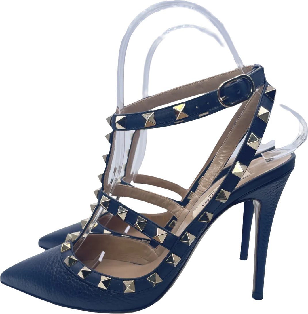 Valentino Garavani Navy Blue Rockstud Grainy Calfskin Ankle Strap Pump 100 Mm UK 4 EU 37 👠