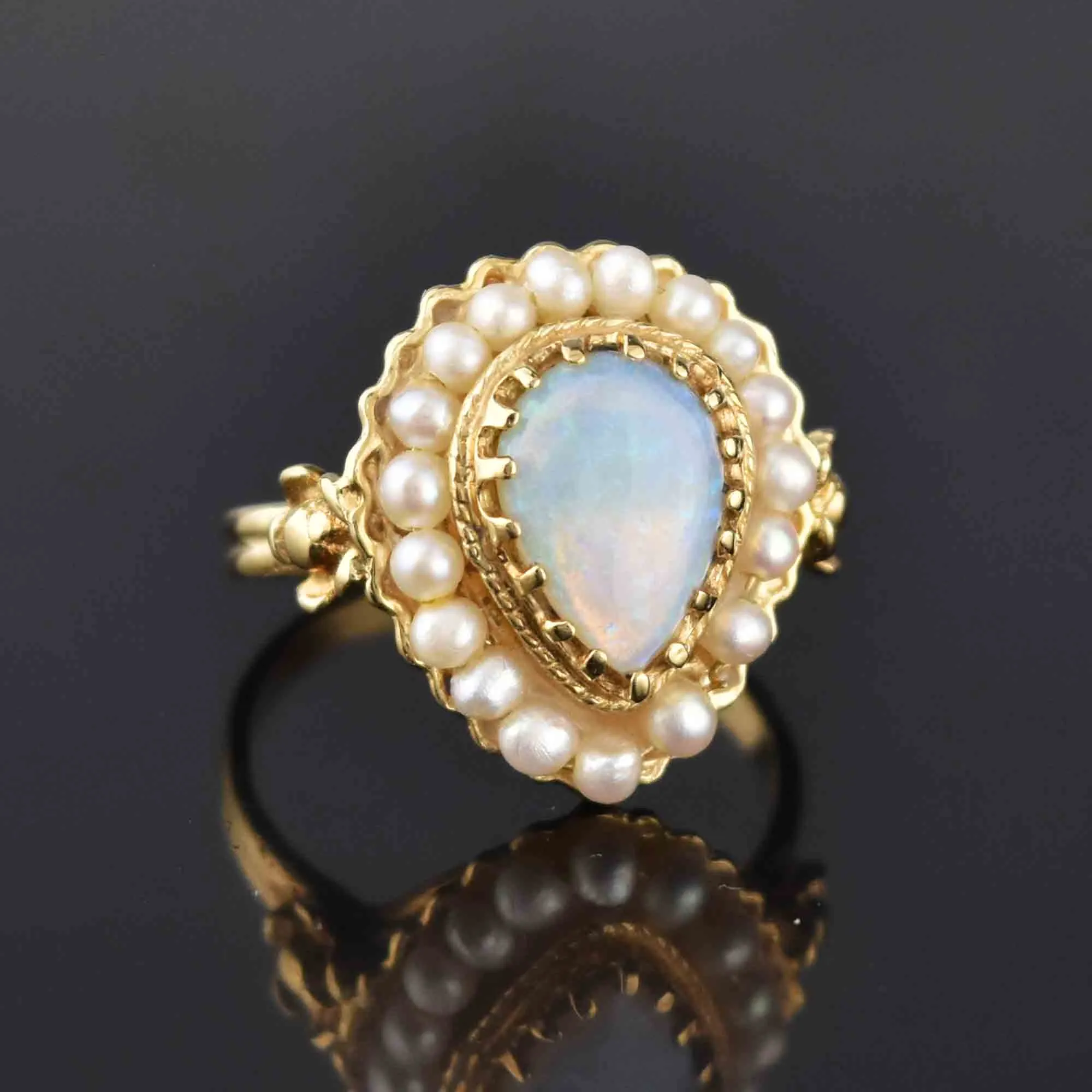 Vintage 14K Gold Pearl Halo Pear Cabochon Opal Ring