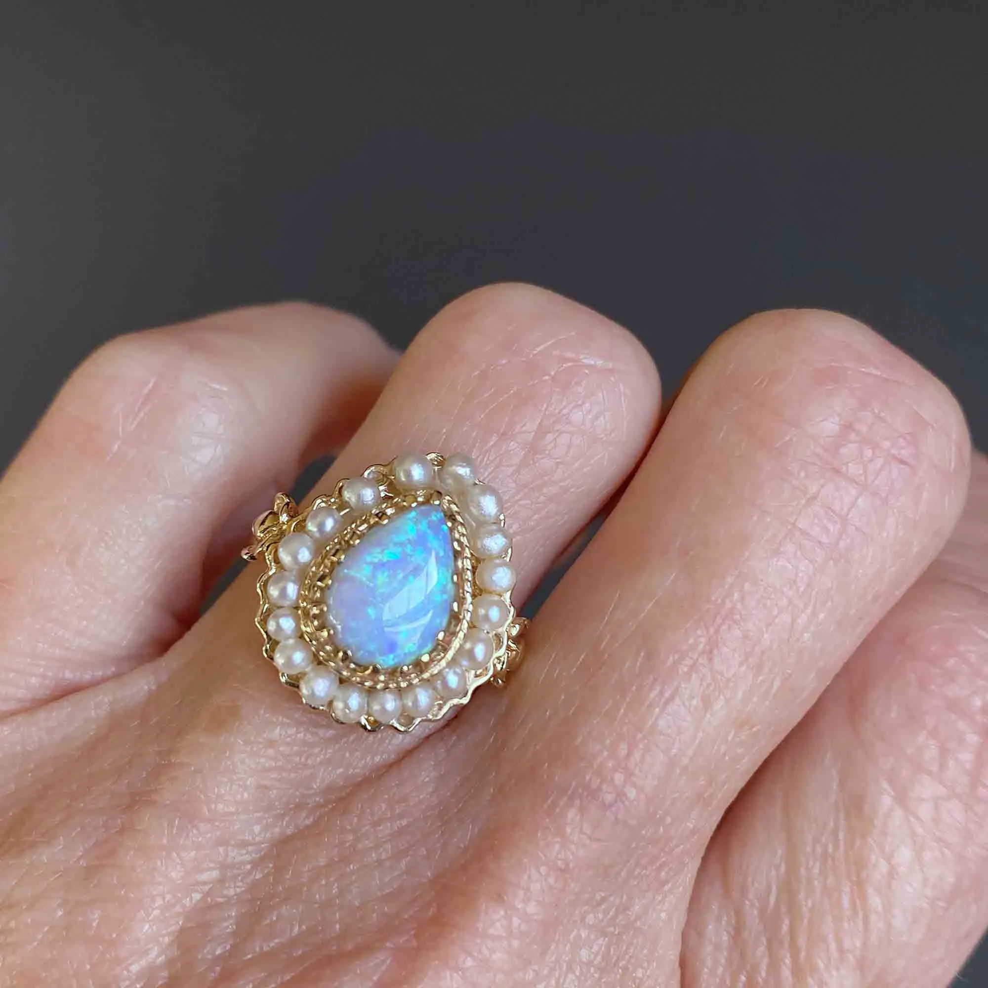 Vintage 14K Gold Pearl Halo Pear Cabochon Opal Ring