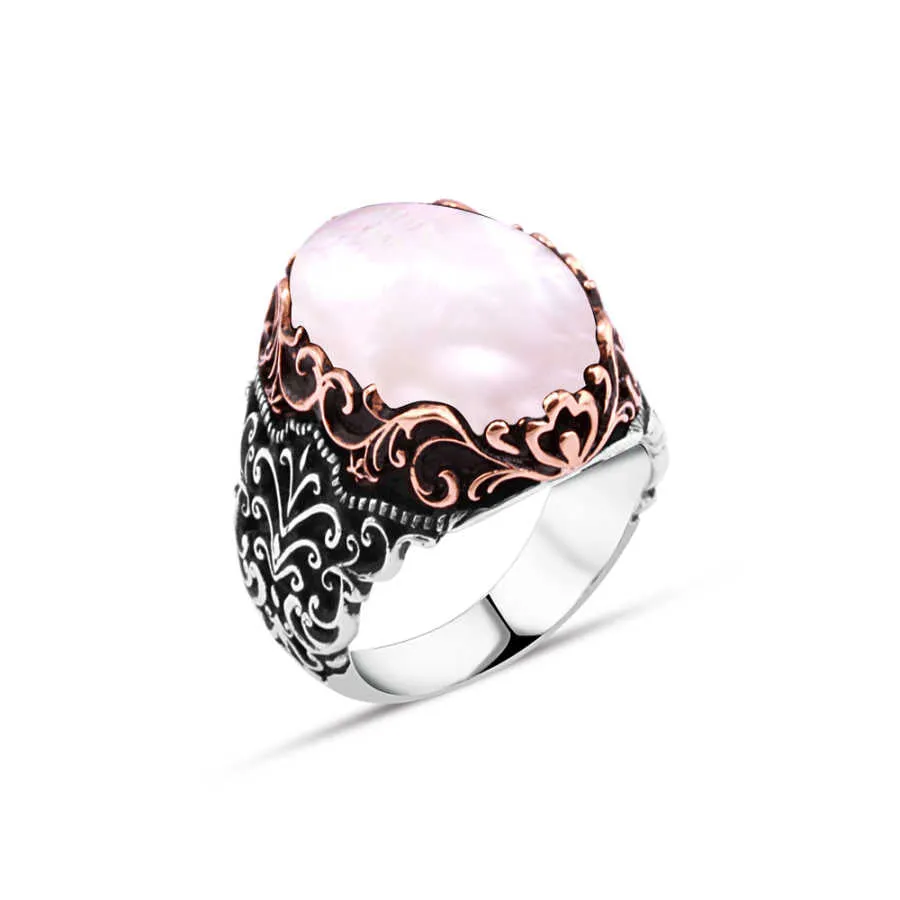 White Ellipse Mother of Pearl Stone Silver Men's Ring with Wavy Pattern Around