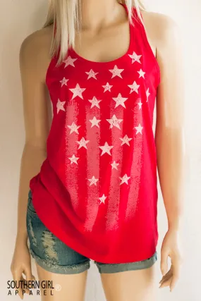 White Flag, Stars and Stripes on Red Racerback Tank Top