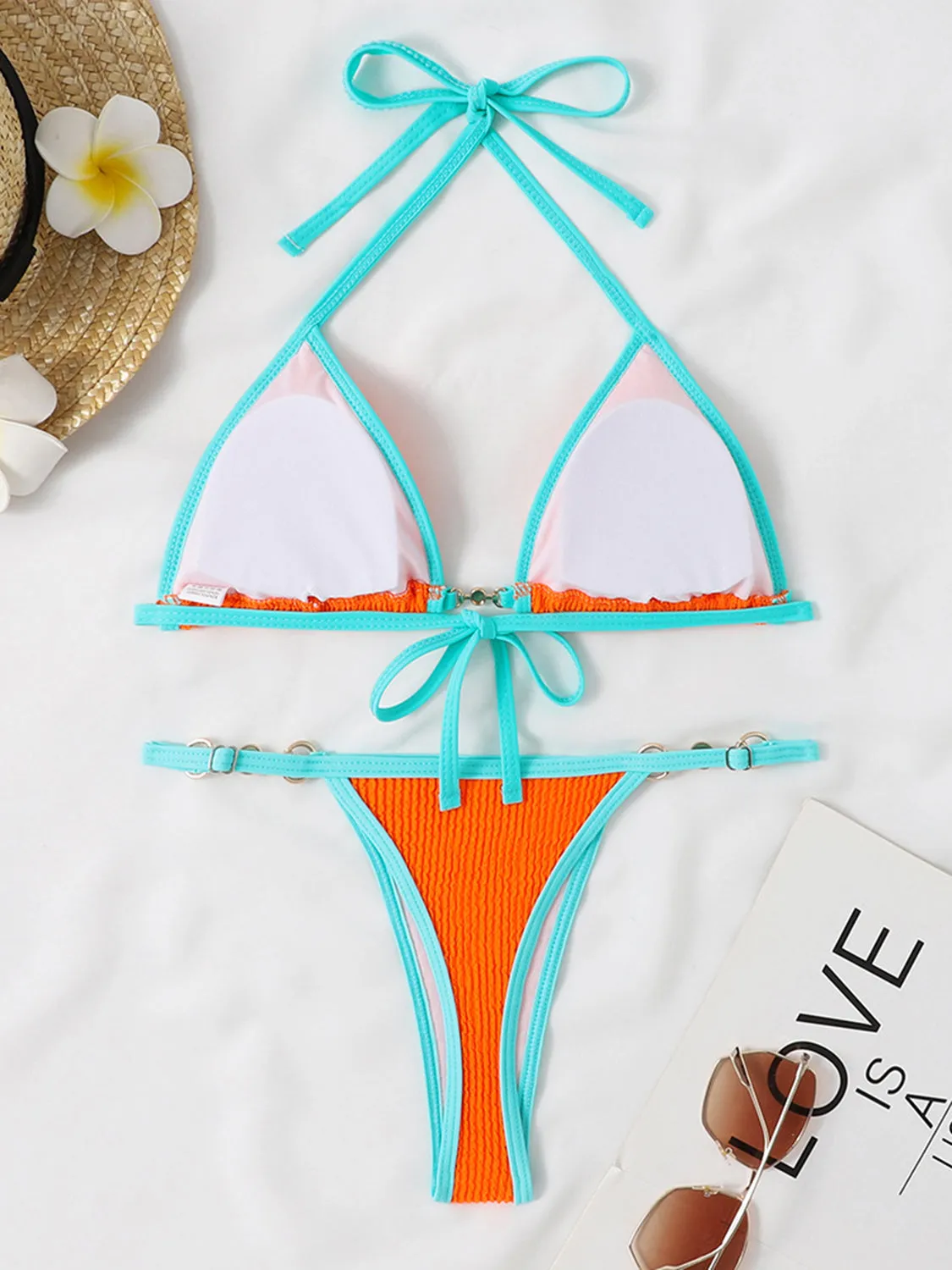 Zweiteiliges Bikini-Set mit strukturiertem Kontrast-Neckholder und Sunset Vacation-Effekt