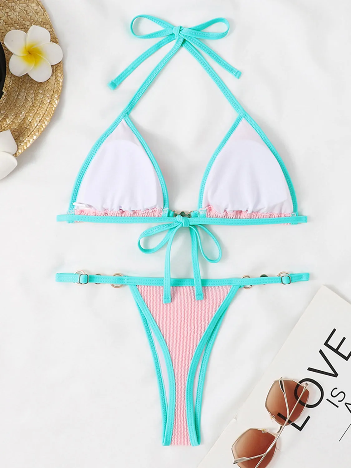 Zweiteiliges Bikini-Set mit strukturiertem Kontrast-Neckholder und Sunset Vacation-Effekt