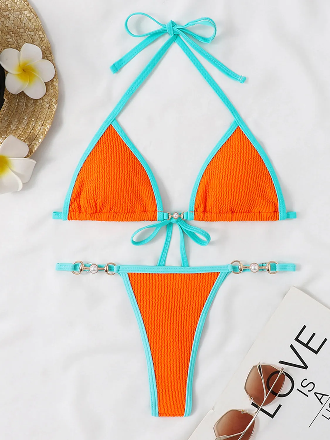 Zweiteiliges Bikini-Set mit strukturiertem Kontrast-Neckholder und Sunset Vacation-Effekt