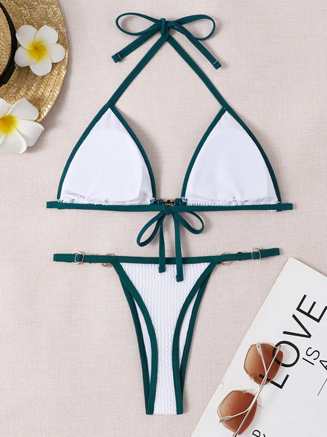 Zweiteiliges Bikini-Set mit strukturiertem Kontrast-Neckholder und Sunset Vacation-Effekt