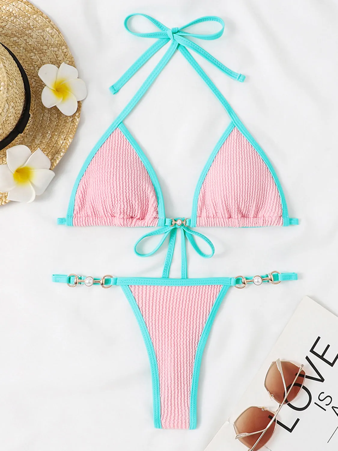 Zweiteiliges Bikini-Set mit strukturiertem Kontrast-Neckholder und Sunset Vacation-Effekt