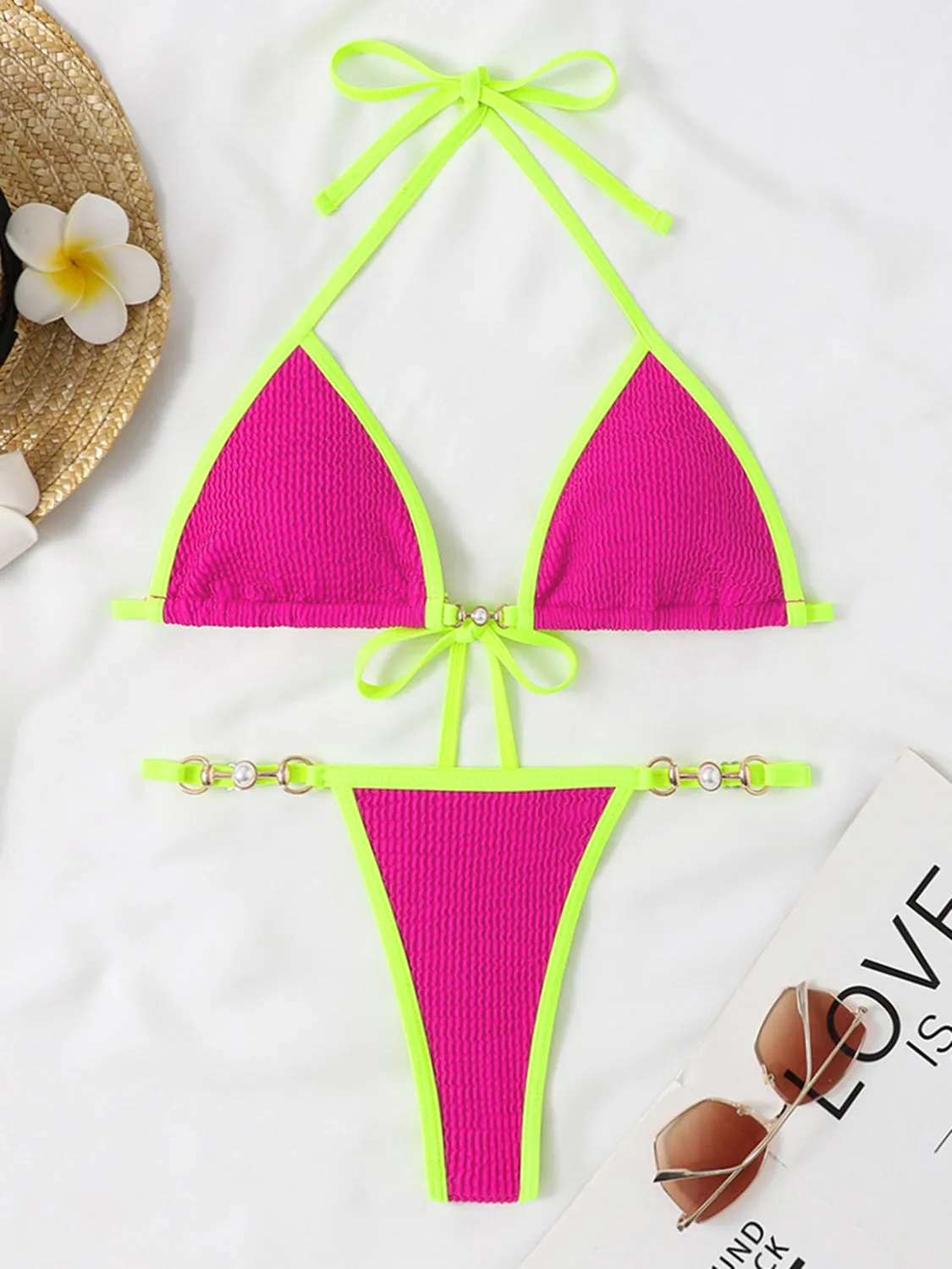 Zweiteiliges Bikini-Set mit strukturiertem Kontrast-Neckholder und Sunset Vacation-Effekt