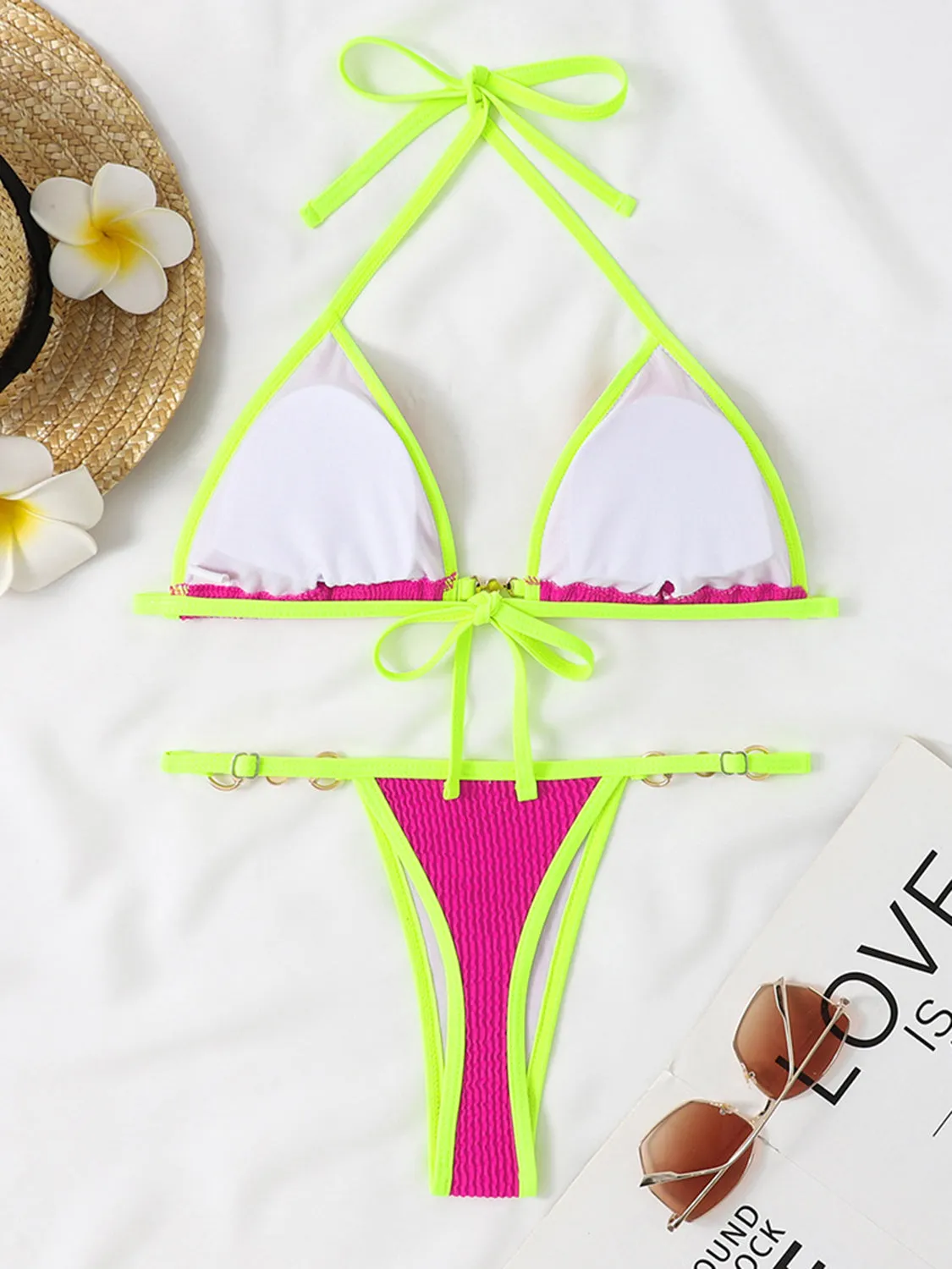 Zweiteiliges Bikini-Set mit strukturiertem Kontrast-Neckholder und Sunset Vacation-Effekt