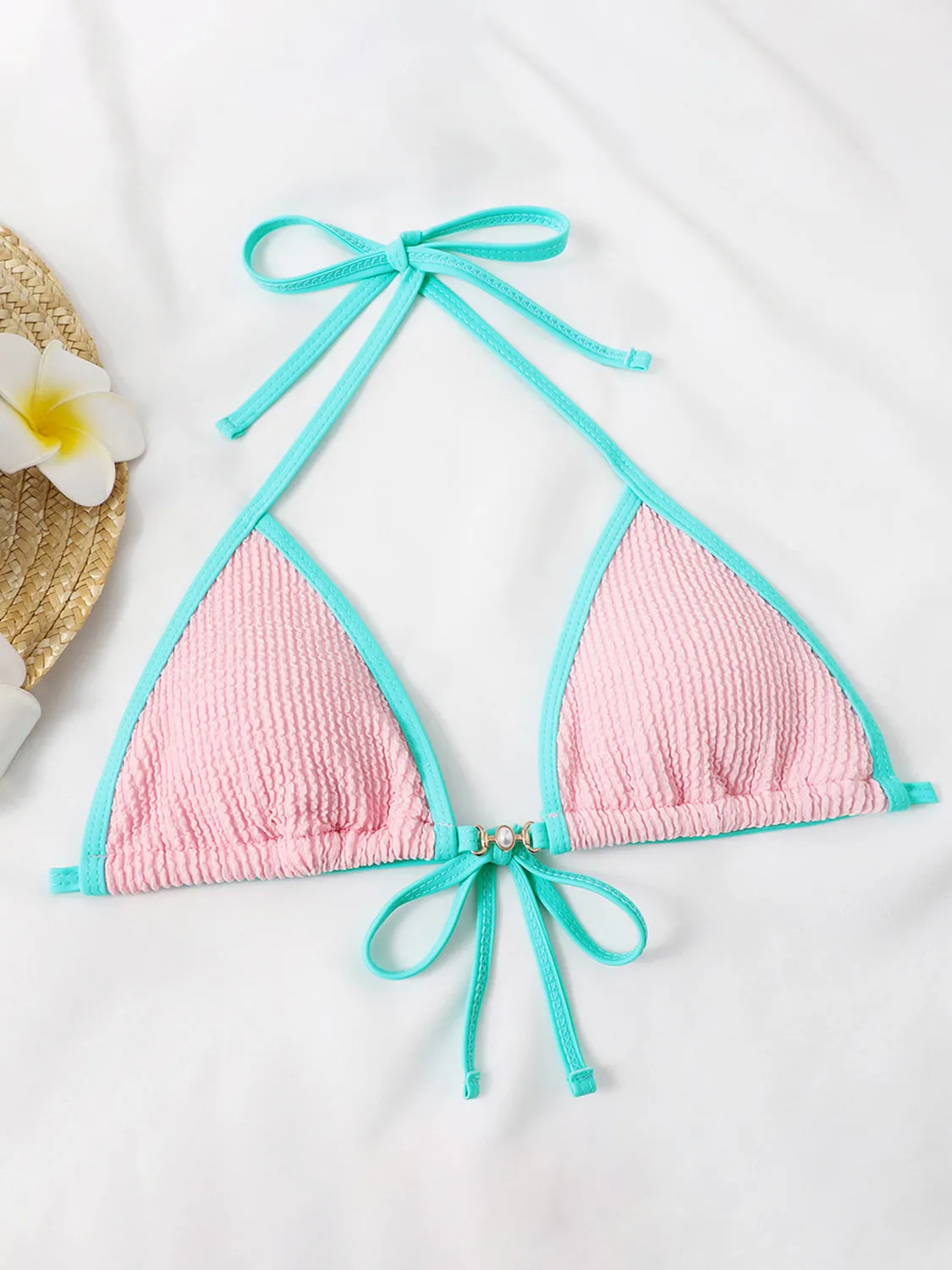 Zweiteiliges Bikini-Set mit strukturiertem Kontrast-Neckholder und Sunset Vacation-Effekt