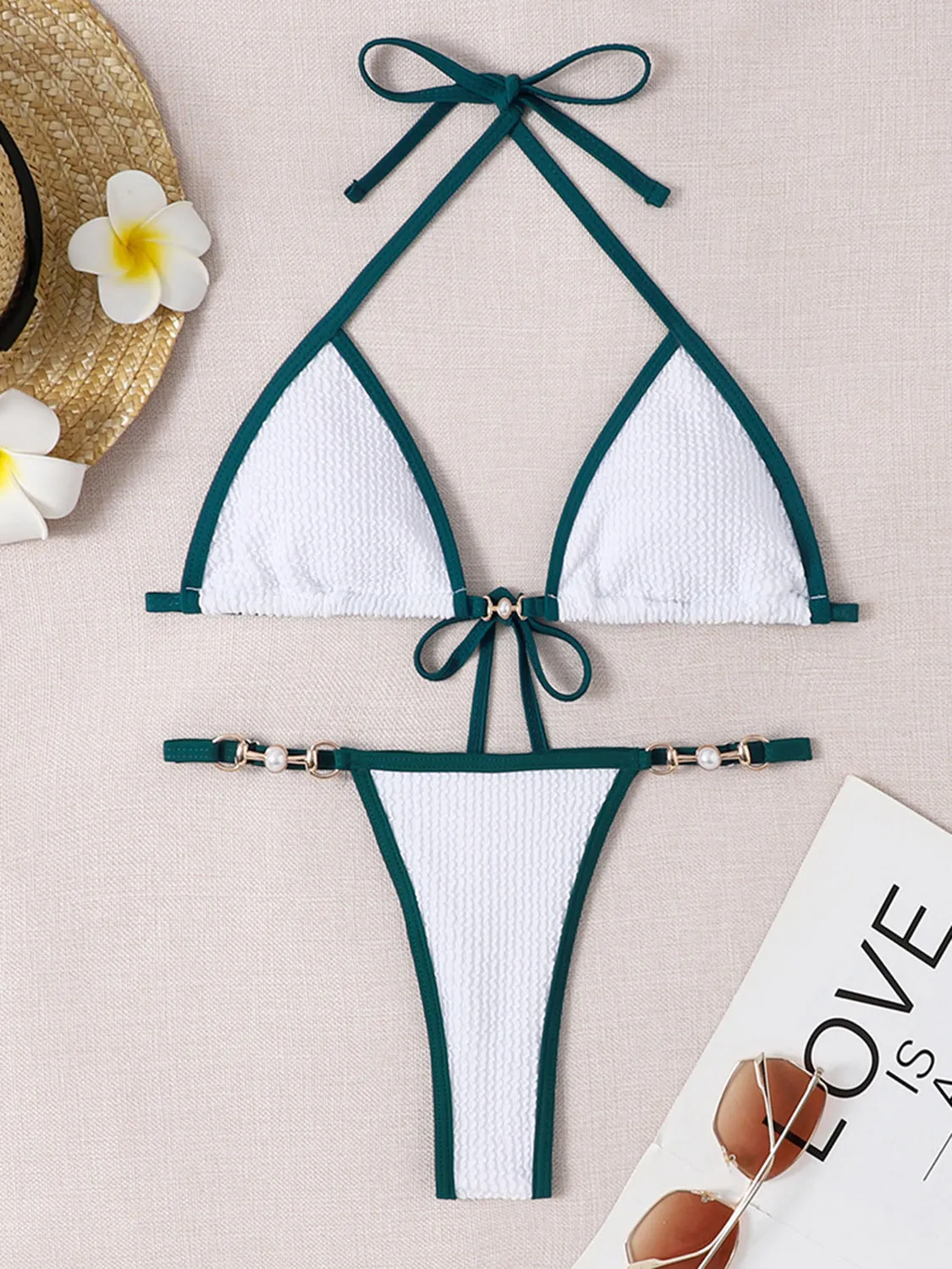 Zweiteiliges Bikini-Set mit strukturiertem Kontrast-Neckholder und Sunset Vacation-Effekt